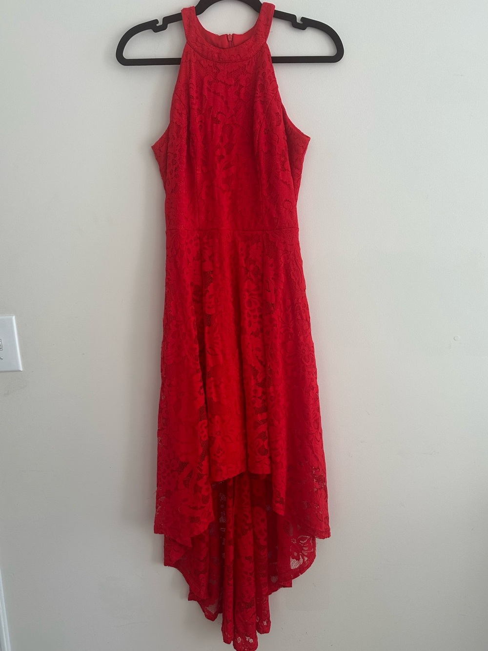 Dressystar Red Lace High-Low Halter Dress Small